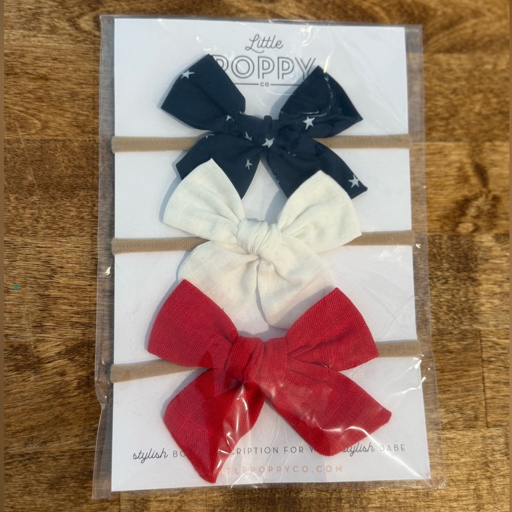 Little Poppy Co. Girls' Navy Star, White & Red Bow Headband Set NEW